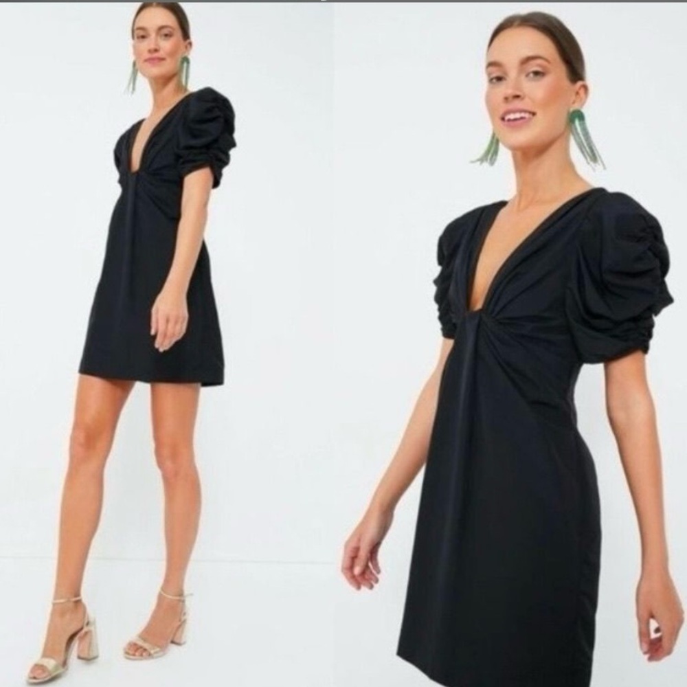 Tuckernuck Black Mini Dress with Puff Sleeves and Twist Front